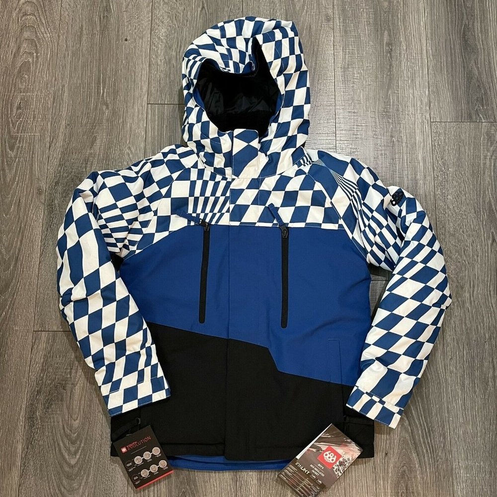 NWT 686 Geo Insulated Snowboard Jacket Navy Blue Checkered Boys Small M0W504